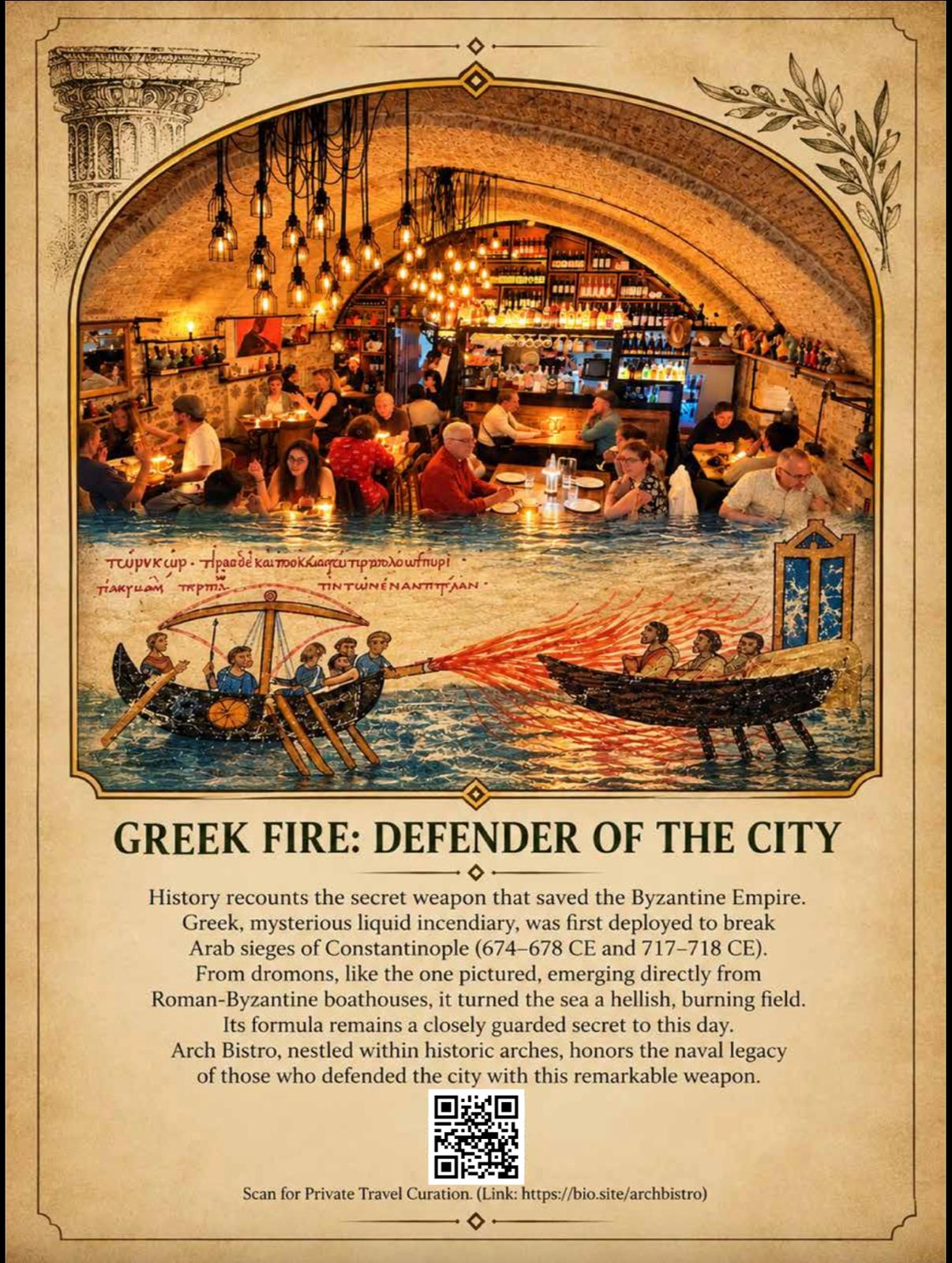 Greek Fire: Defender of the City — Arch Bistro historical poster